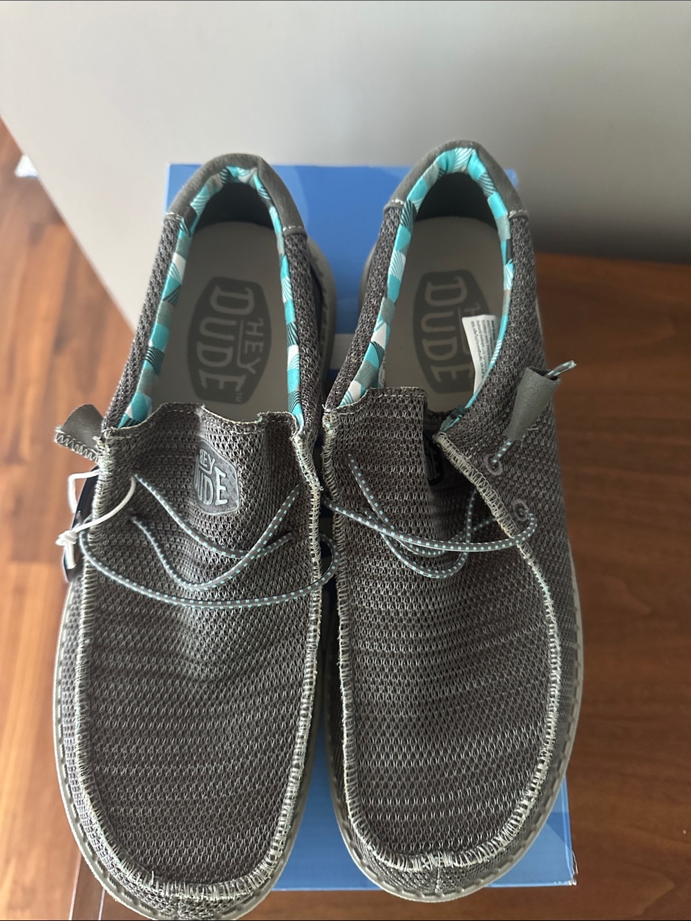 New w tags Hey Dude Charcoal Slip-On Loafers with Teal Lining